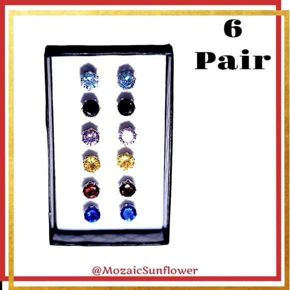 6 Multi Color Stainless Steel Post Hypo Allergenic Faceted Round Cut Crystal NWT - Picture 5 of 6